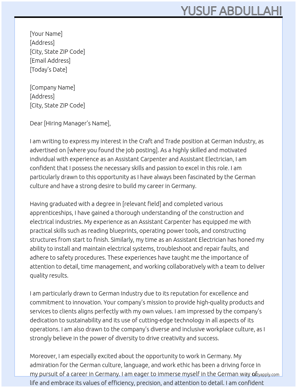 CRAFT AND TRADE At GERMAN INDUSTRY Cover Letter