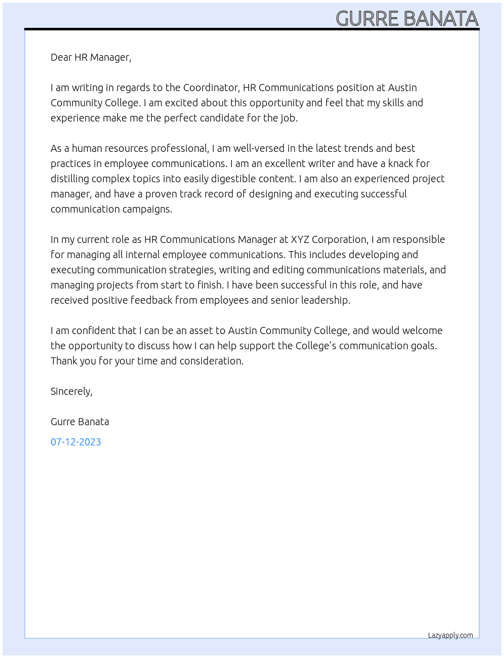Coordinator, HR Communications At Austin Community College Cover Letter