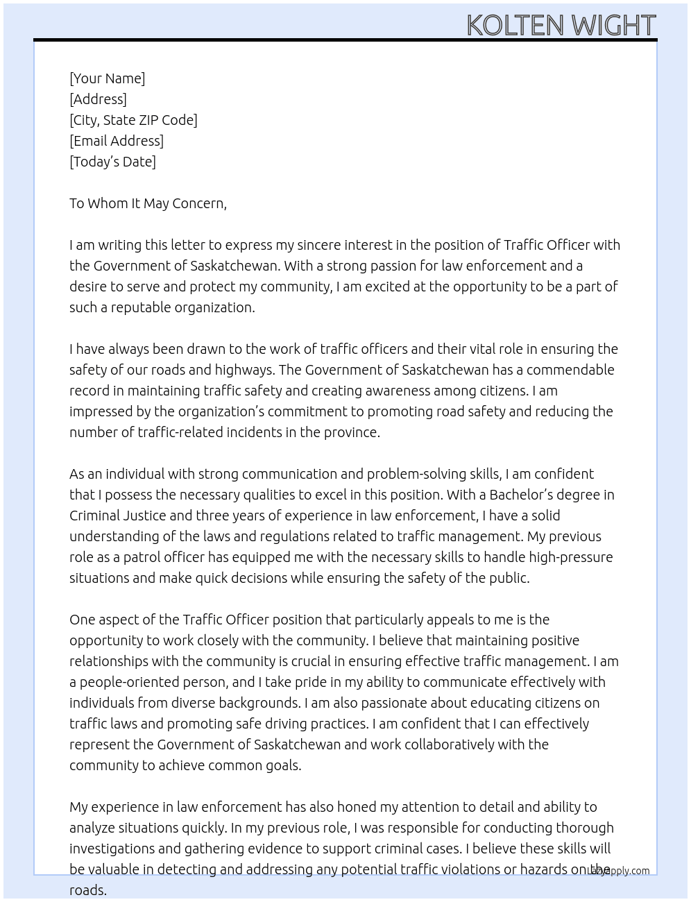 Traffic Officer At Government Of Saskatchewan Cover Letter