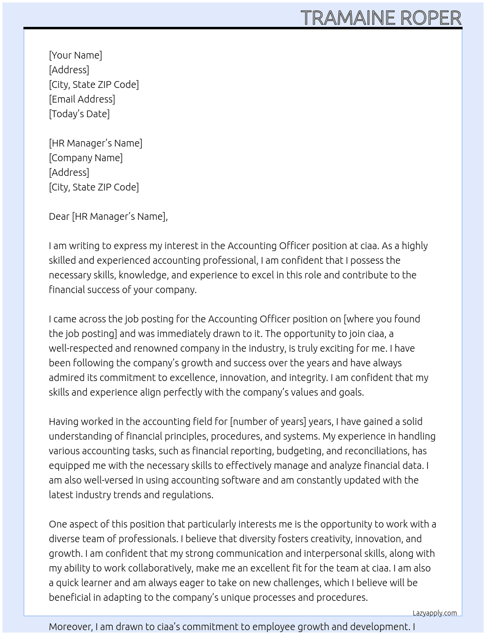 Accounting Officer At ciaa Cover Letter