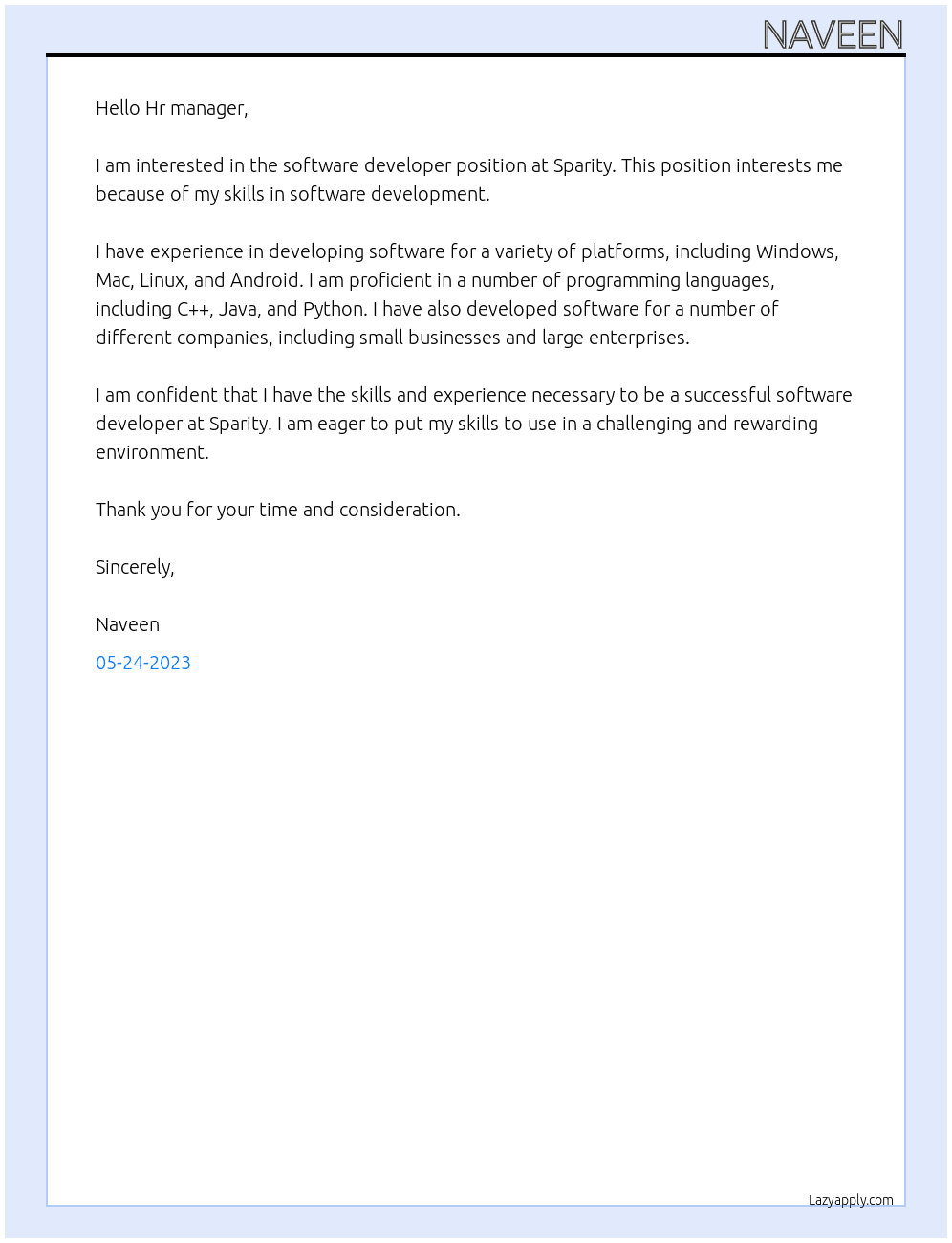 software developer At sparity Cover Letter