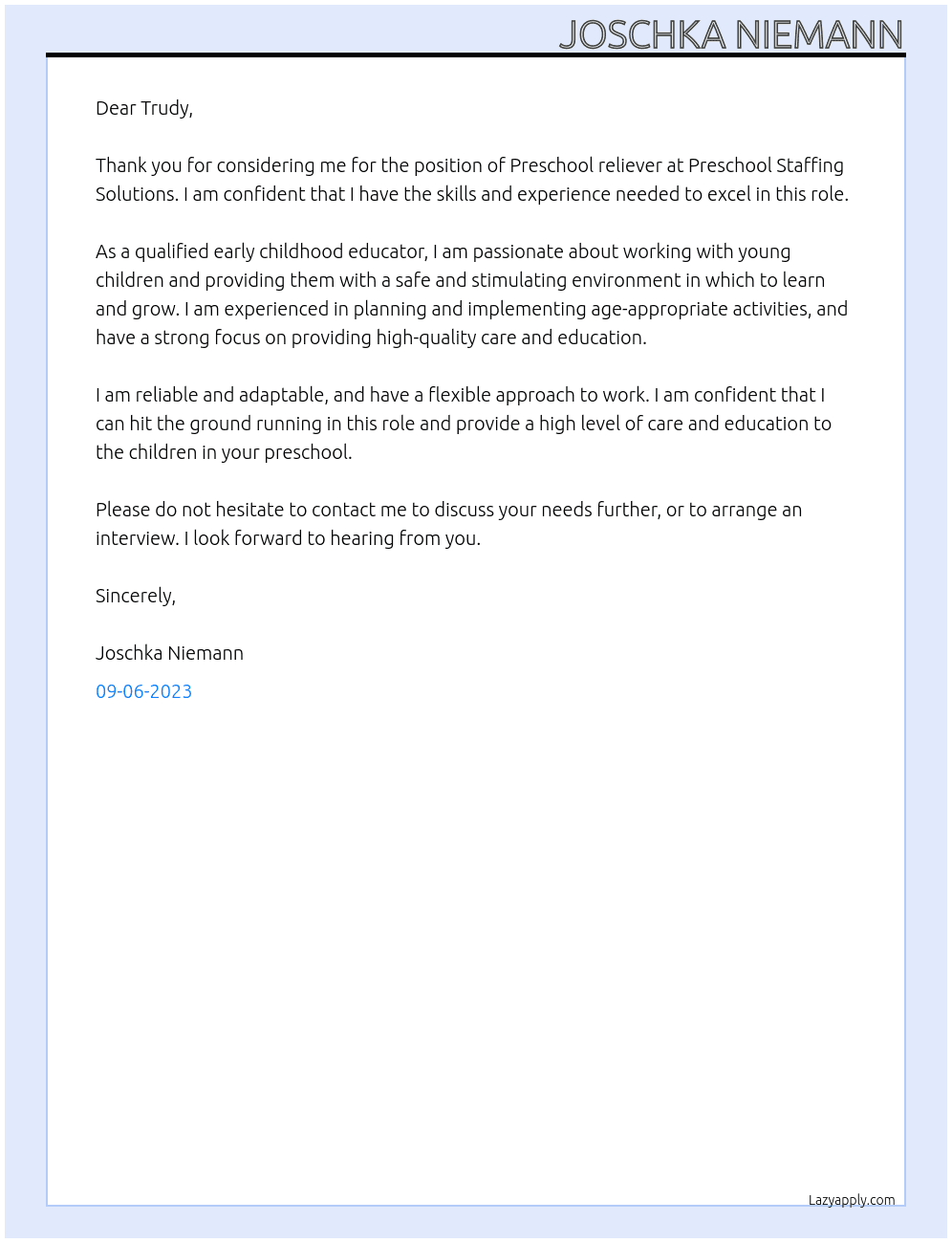 Preschool reliever At Preschool Staffing Solutions Cover Letter