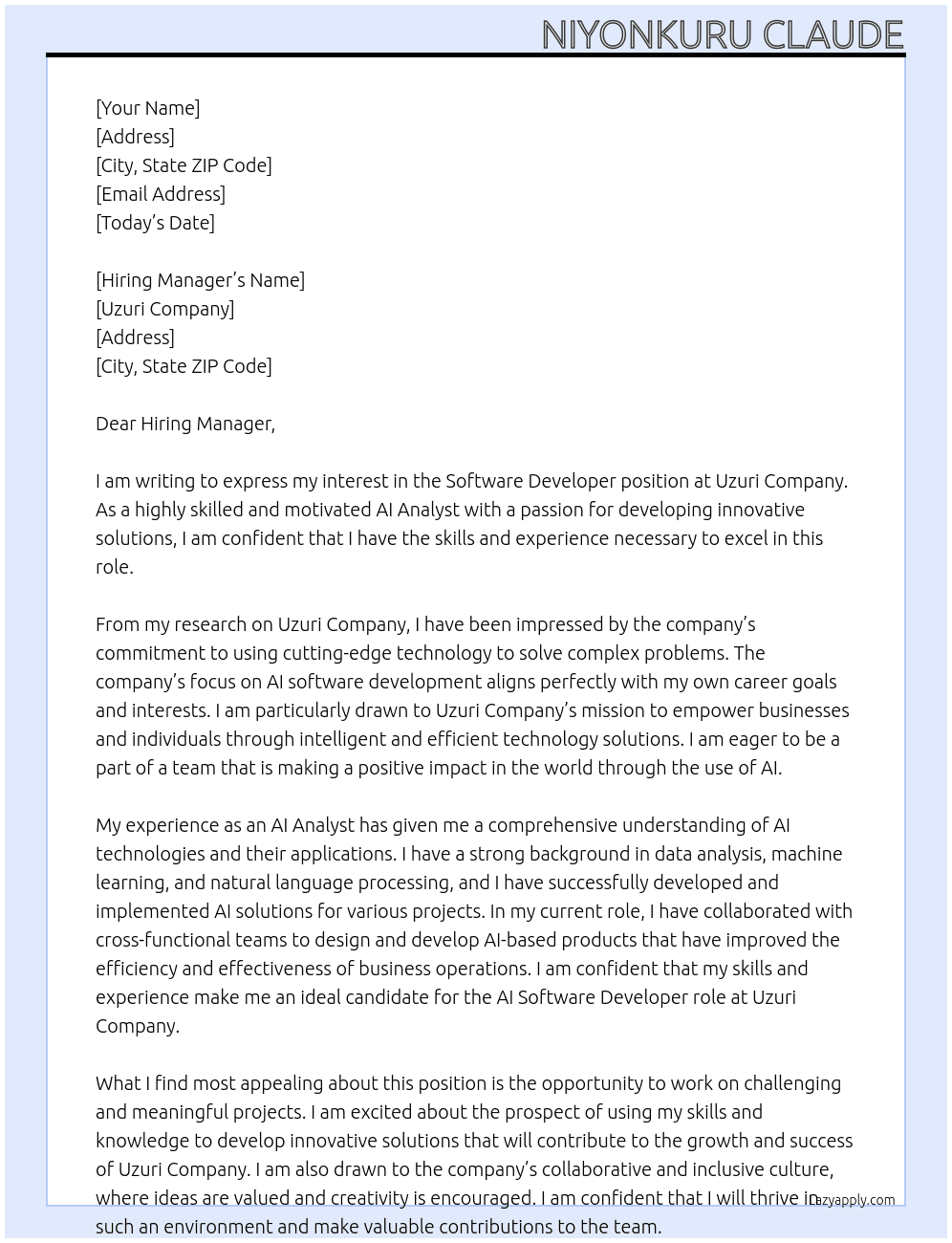 Software developer  At Uzuri company  Cover Letter