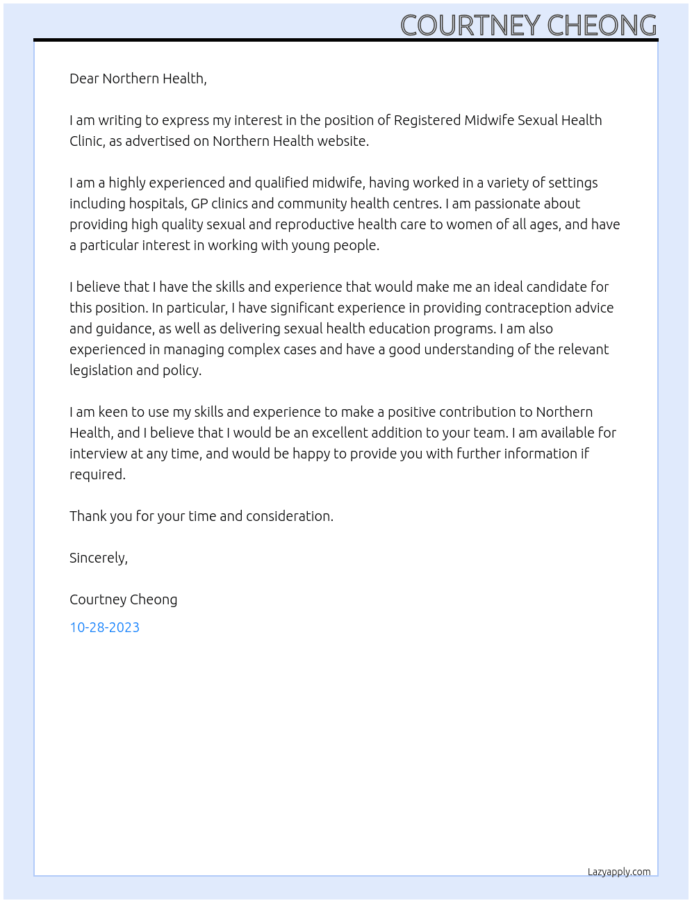 Registered Midwife Sexual Health Clinic At Northern Health Cover Letter