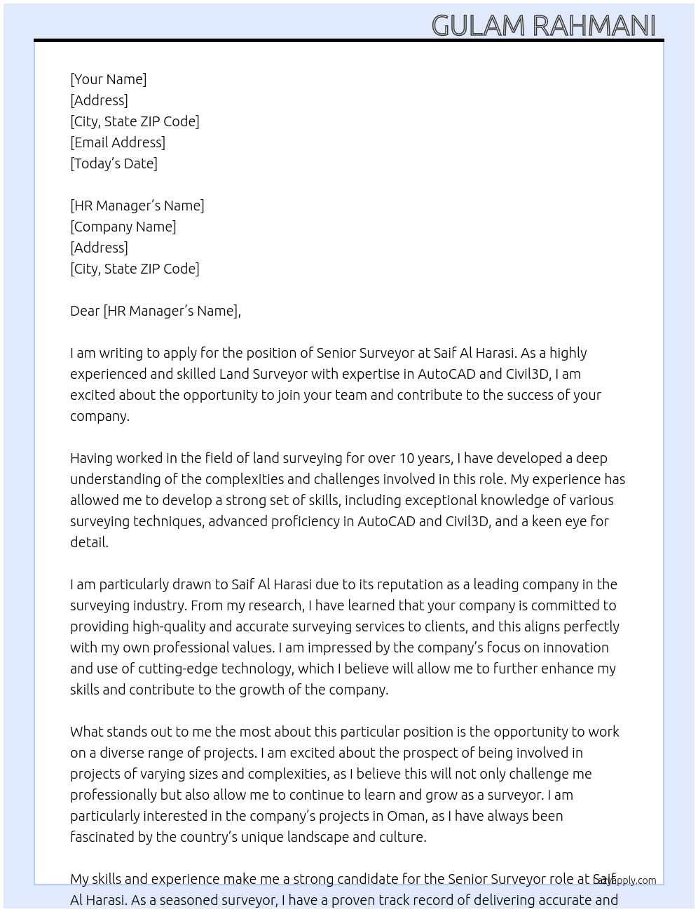 Land Surveyor  At Saif Al Harasi Cover Letter