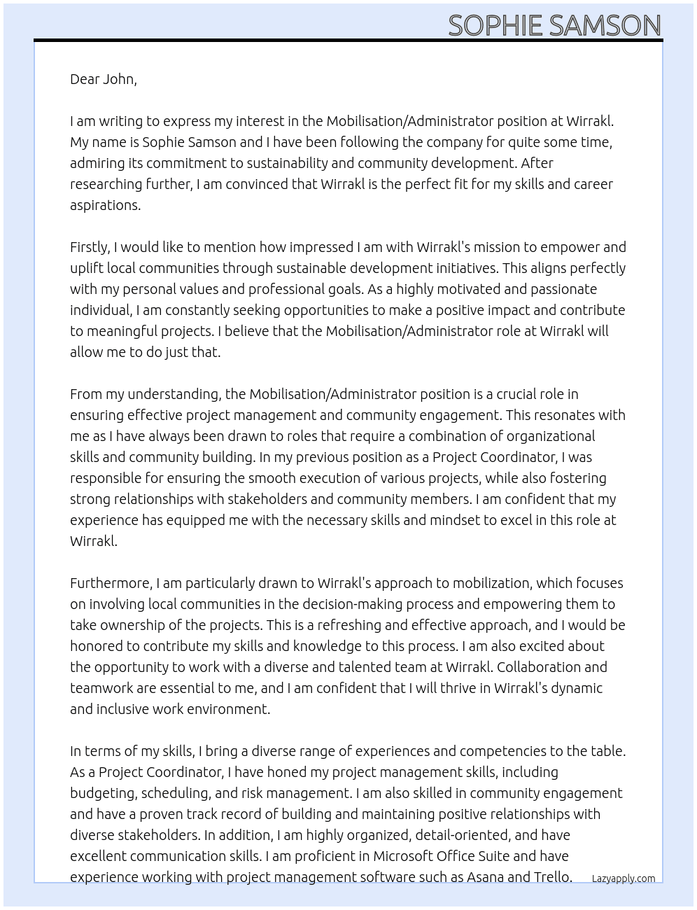 Mobilisation/ Administrator At Wirrakl Cover Letter