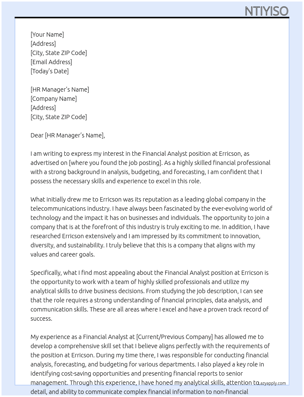 Financial Analyst At Erricson Cover Letter