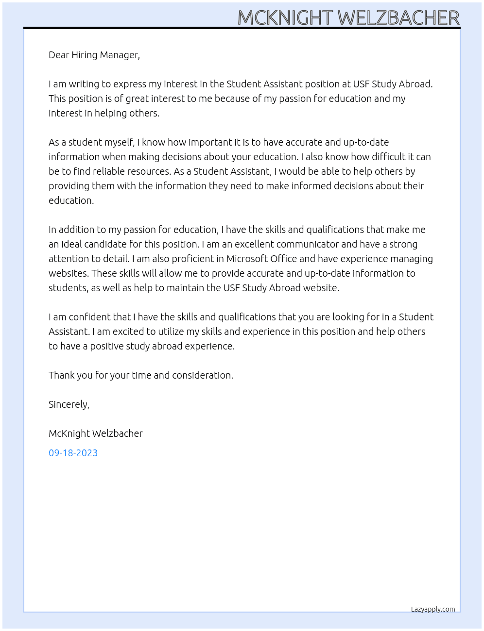 Student Assistant At USF Study Abroad Cover Letter