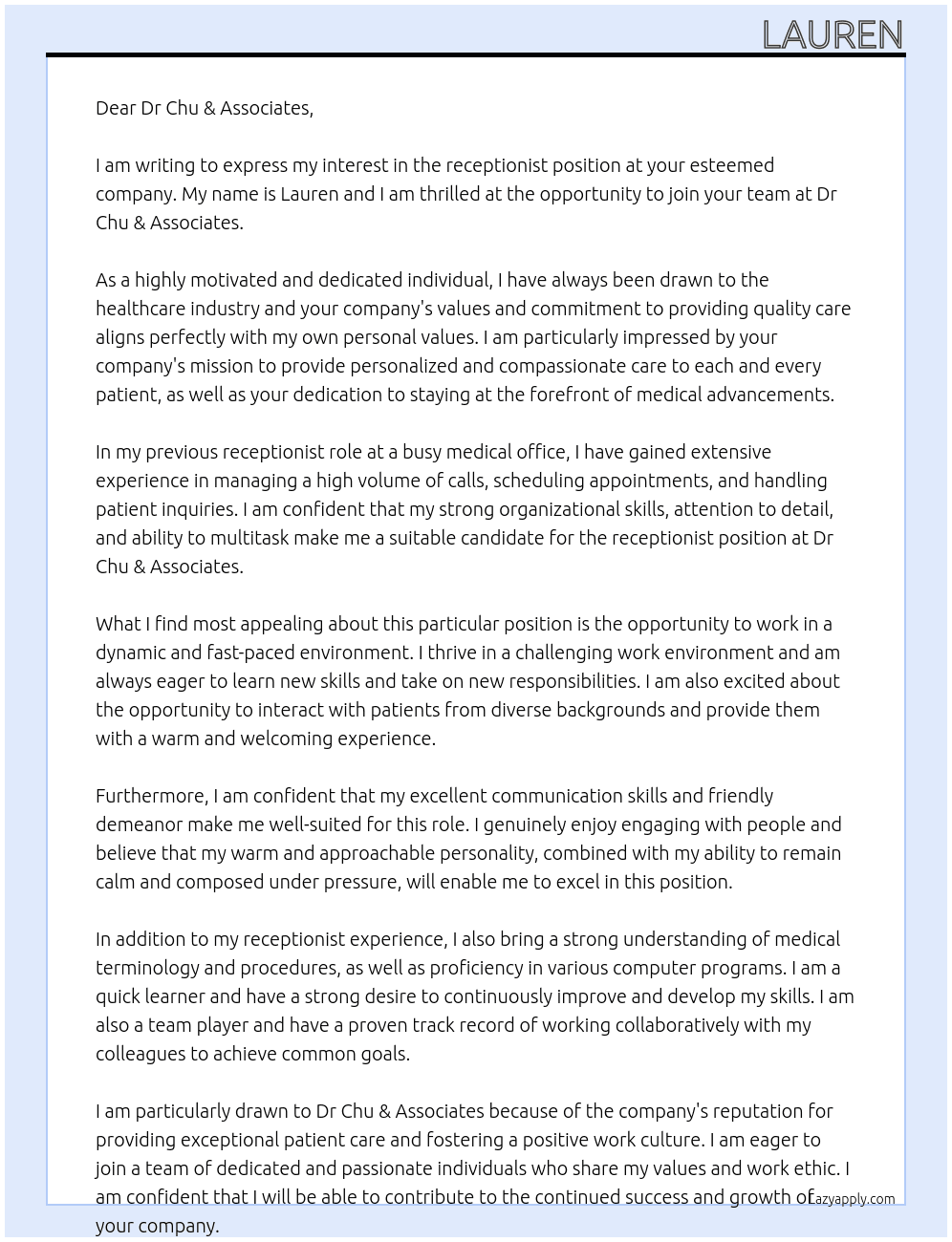 receptionist At Dr Chu & Associates Cover Letter