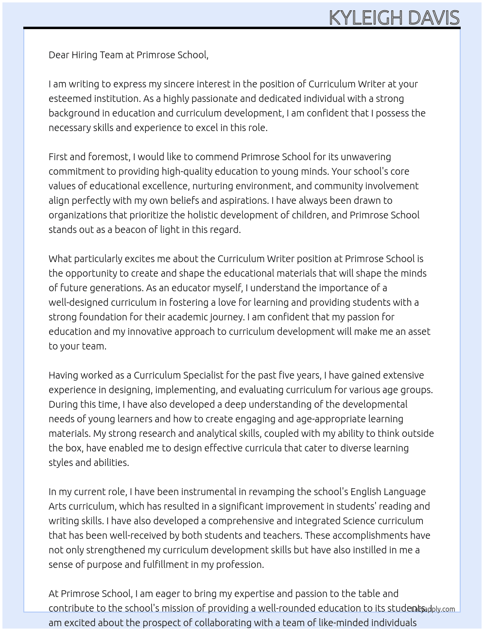 Curriculum Writer At Primrose School Cover Letter