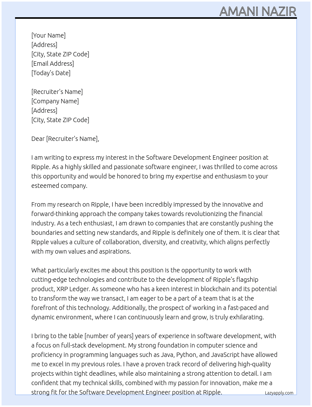 Software development Engineer  At Ripple Cover Letter