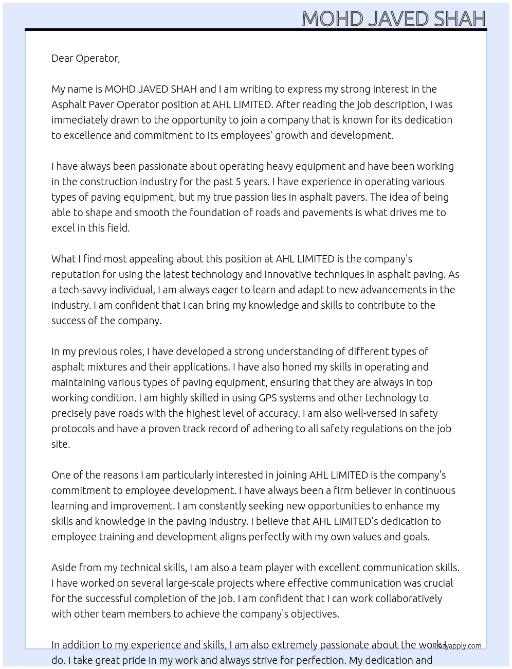 Asphalt paver operator  At AHL LIMITED Cover Letter