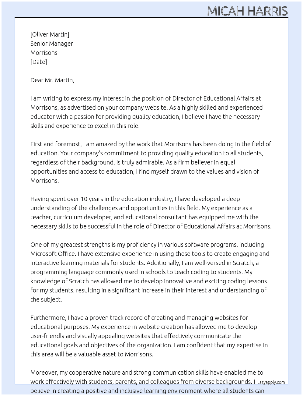Director of educational affairs for Micah Harris At morrisons Cover Letter