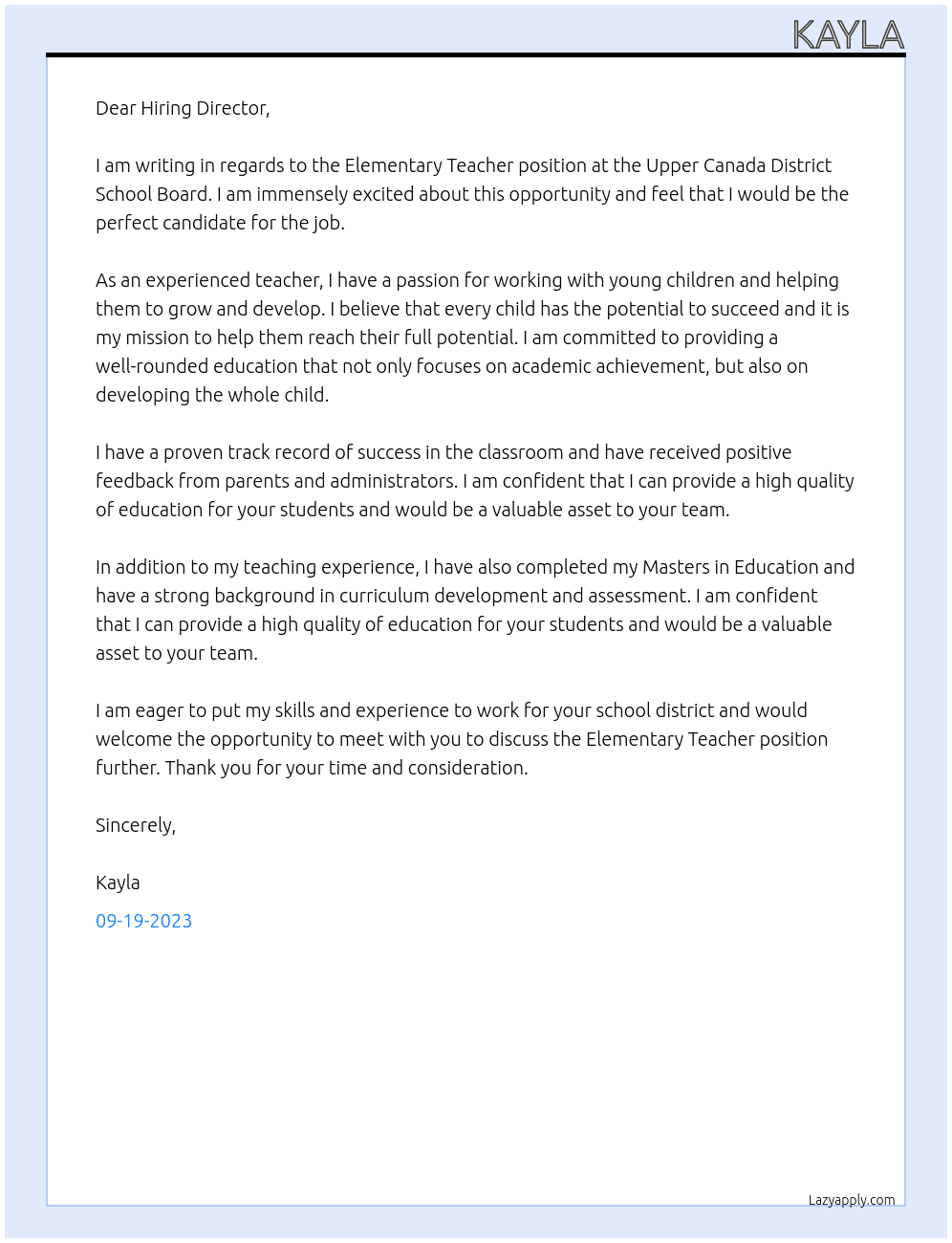 Elementary Teacher At Upper Canada District School Board Cover Letter