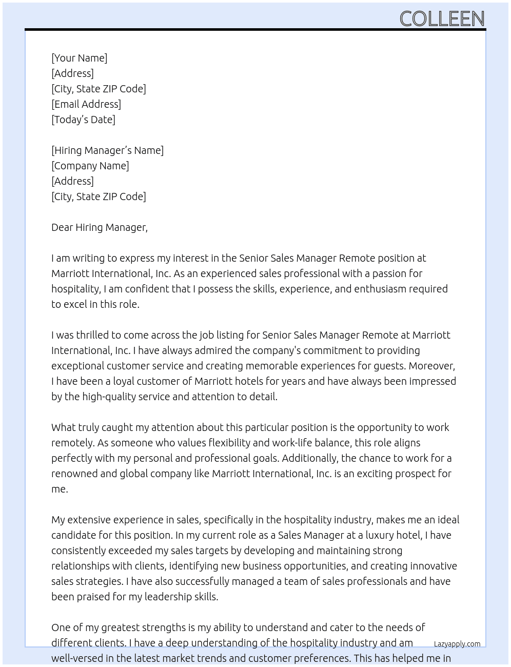 Senior Sales Manager Remote At Marriott International, Inc Cover Letter