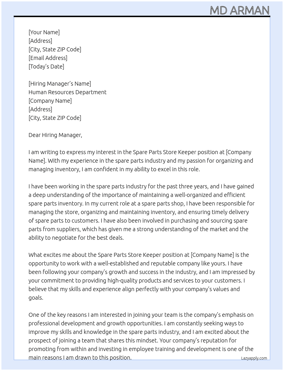 Spare parts Store keeper  At Human resources  Cover Letter