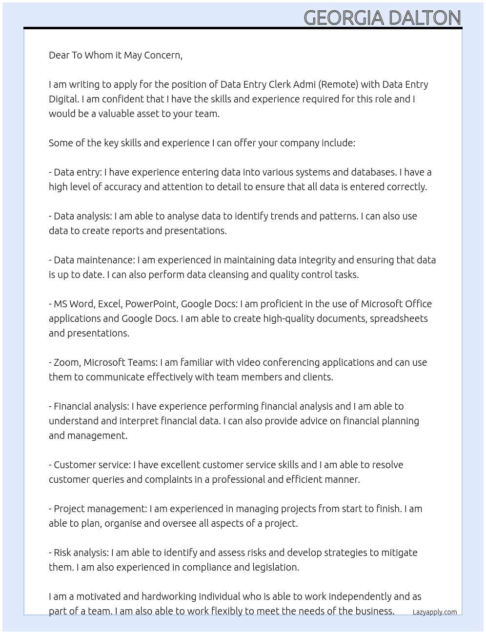 Data Entry Clerk Admi (Remote) At Data Entry Digital Cover Letter