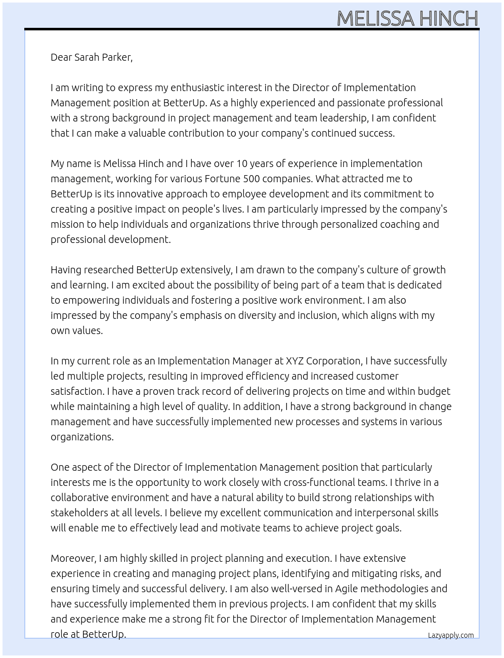 Director of Implementation Management At BetterUp Cover Letter