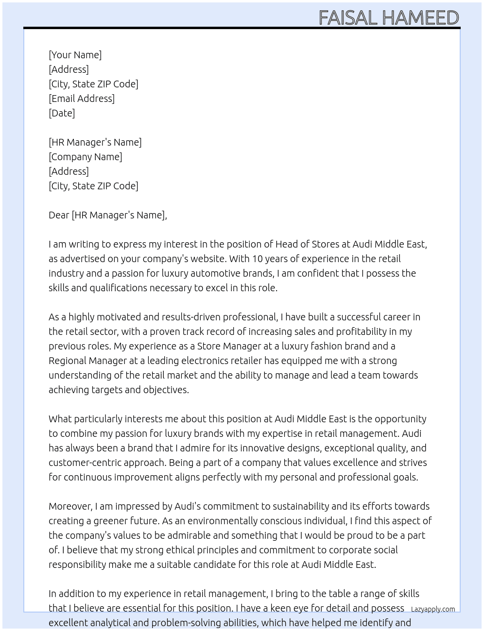 Head of Stores At Audi middle east  Cover Letter