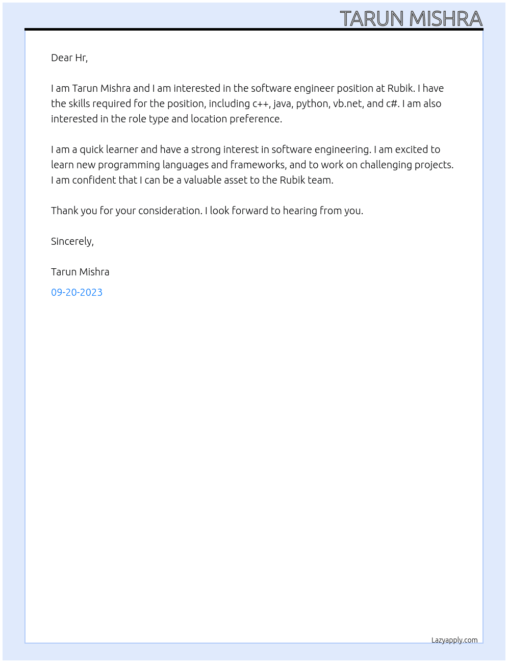 software engineer  At Rubik Cover Letter