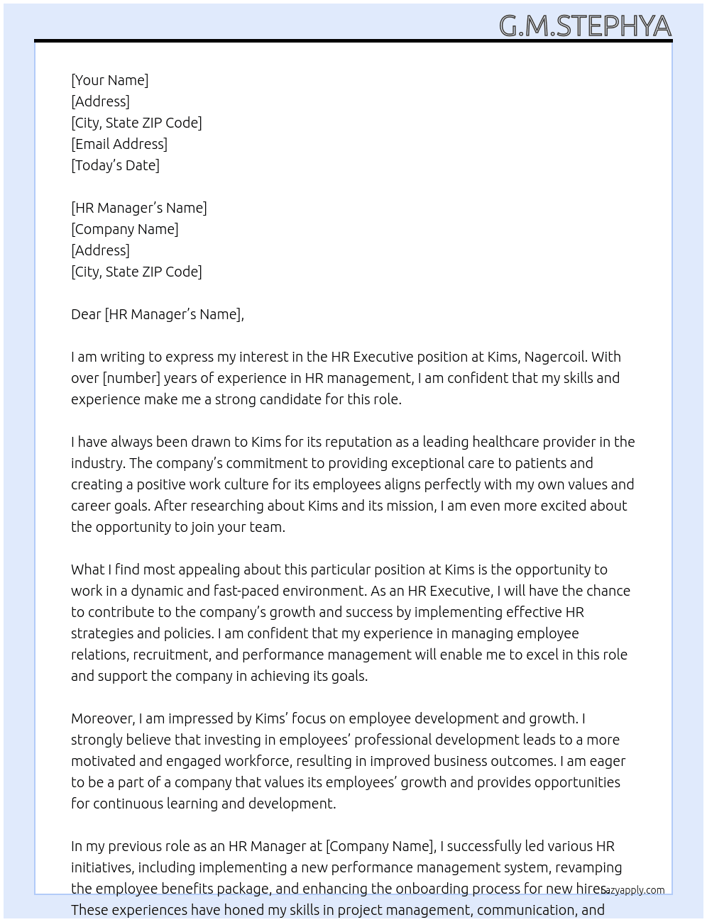 HR Executive At Kims, Nagercoil Cover Letter