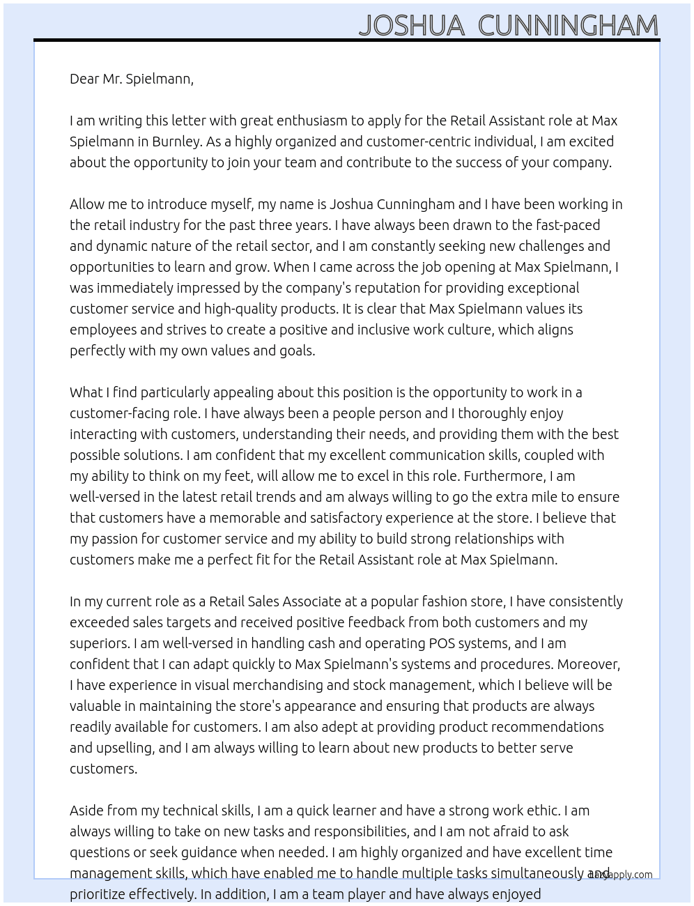 Retail assistant At Max Spielmann Cover Letter