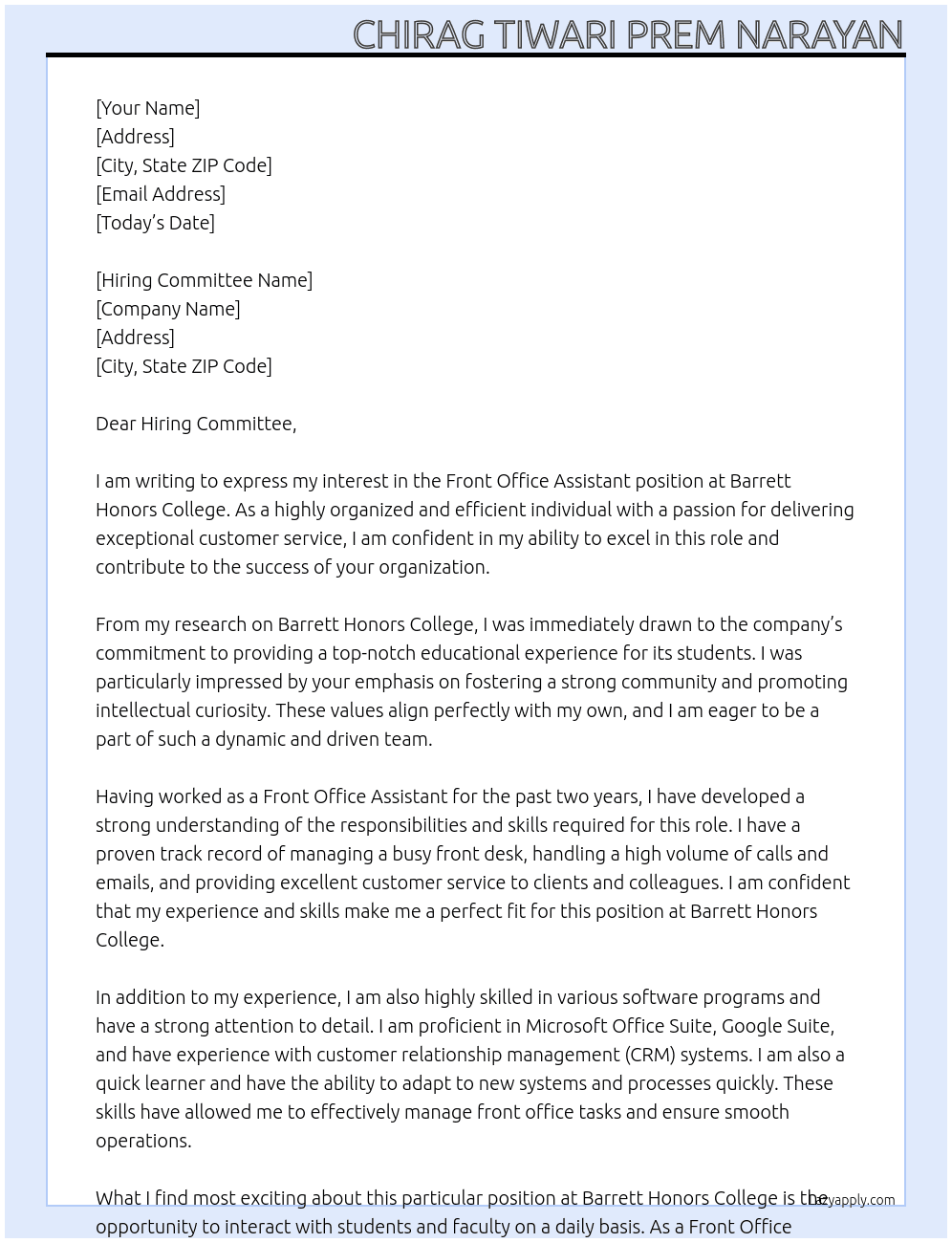Front Office Assistant At Barrett Honors College Cover Letter