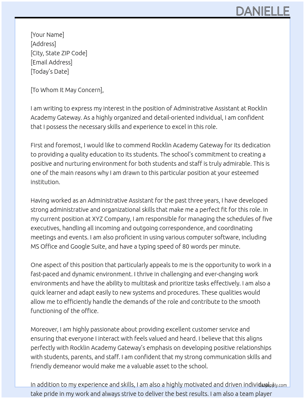 Administrative Assistant At Rocklin Academy Gateway Cover Letter