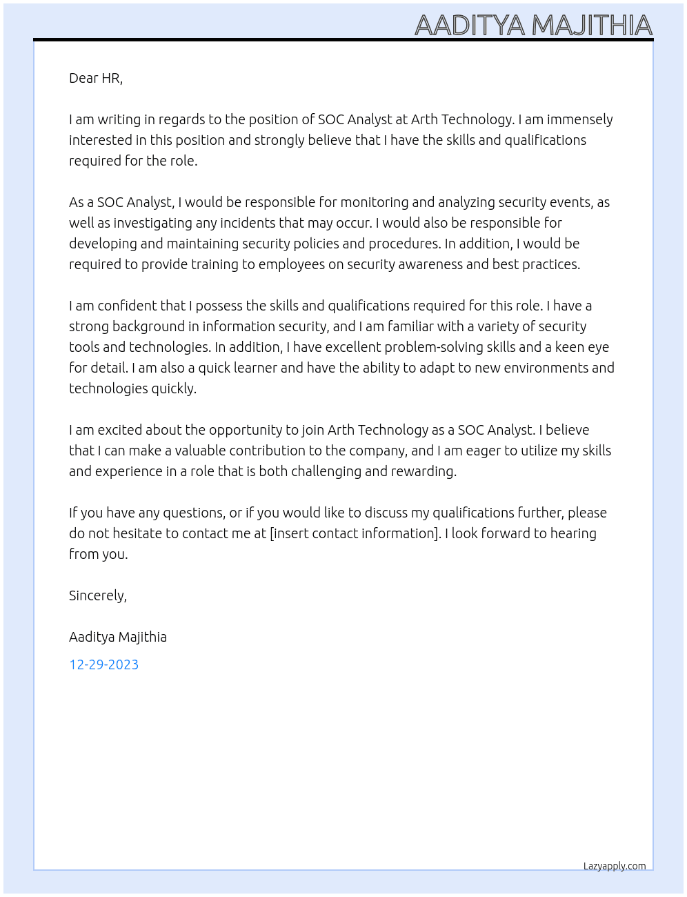 SOC ANALYSt At Arth Technology Cover Letter