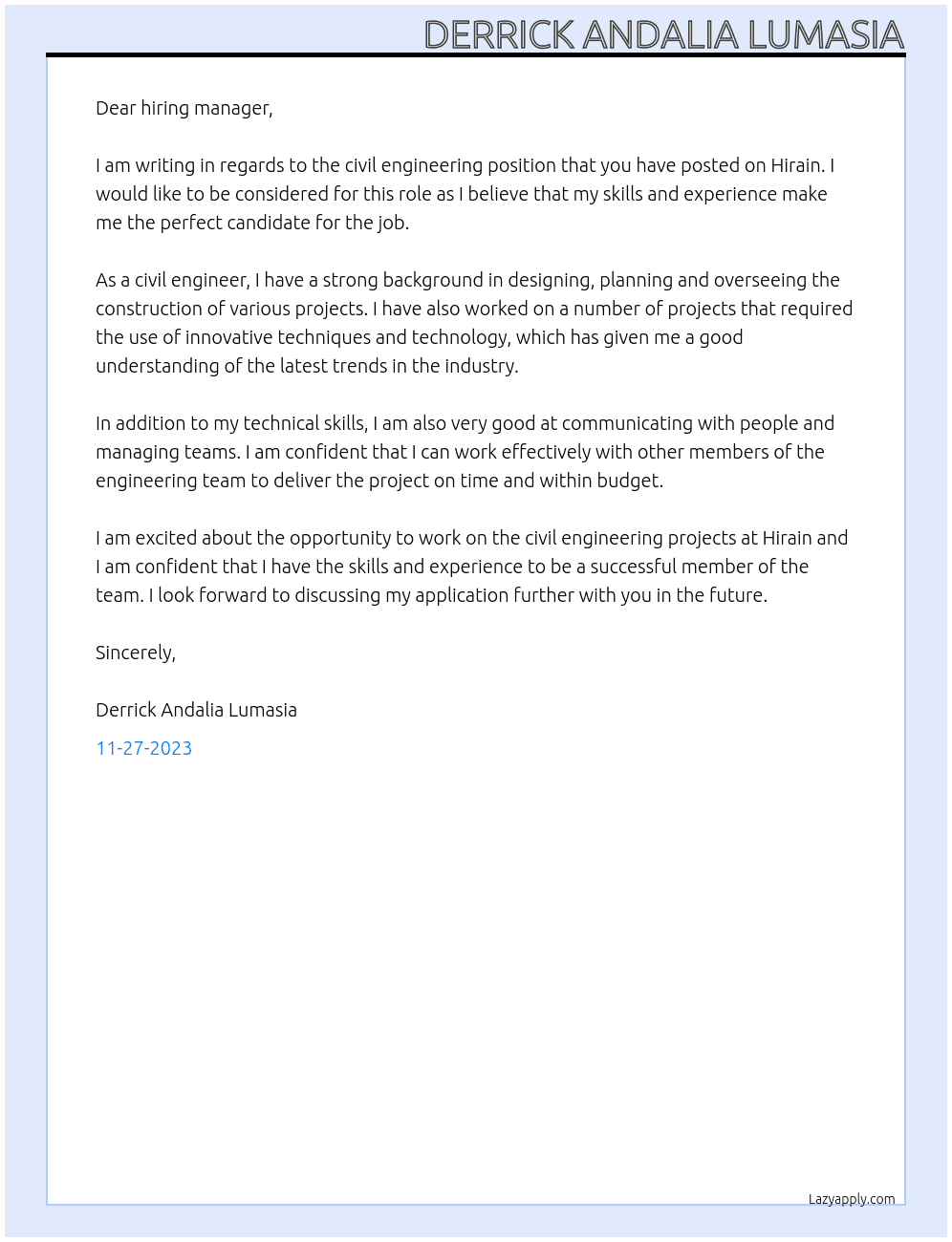 civil engineer At hirain Cover Letter