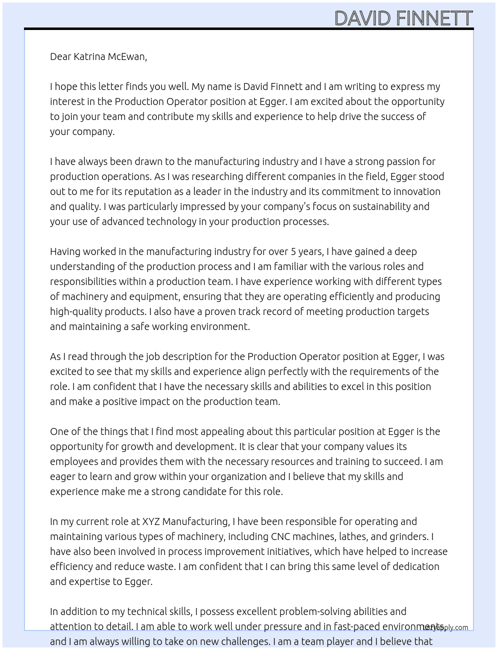Production operator  At Egger Cover Letter