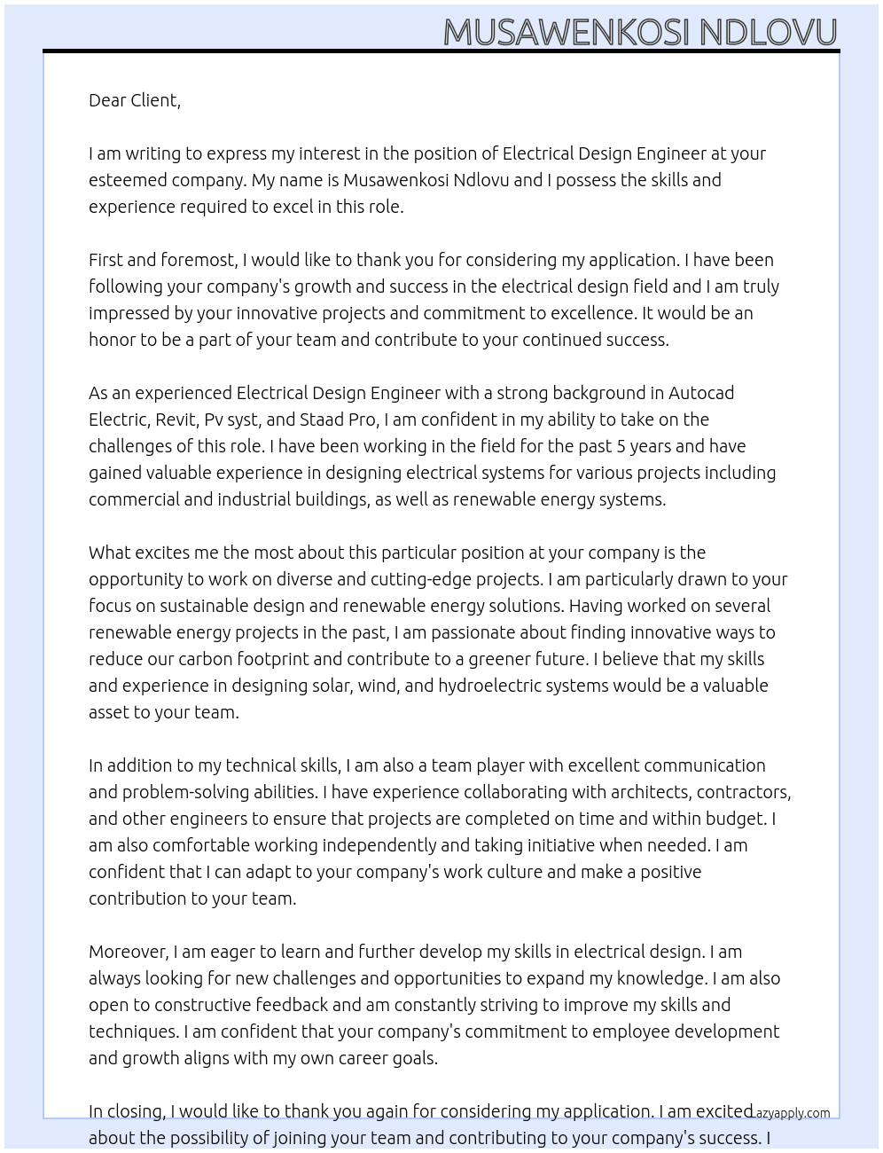 Electrical design engineer  At Client Cover Letter