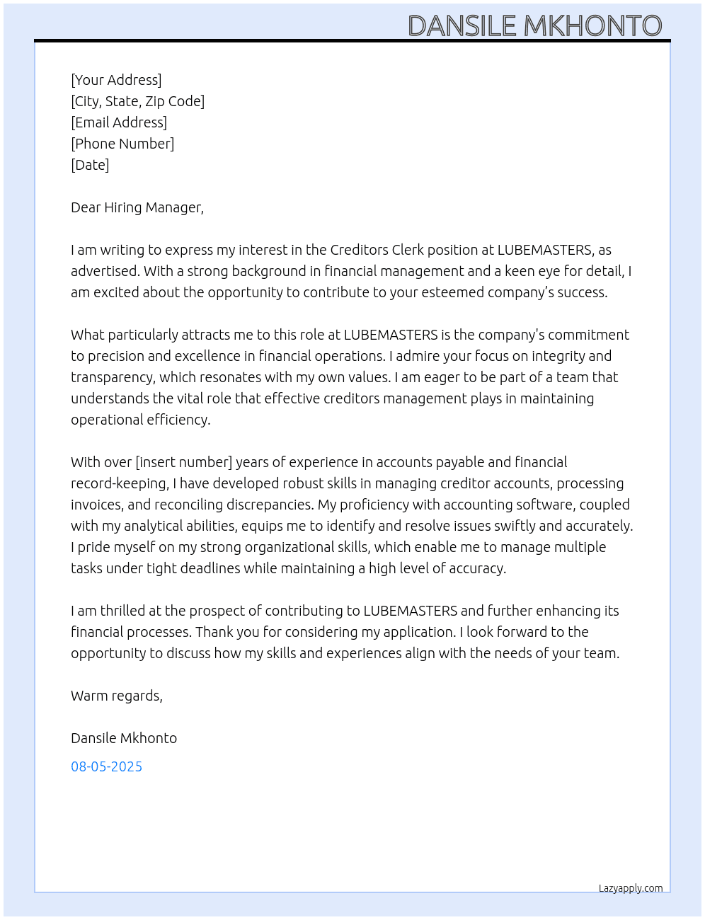 Creditors Clerk At LUBEMASTERS Cover Letter