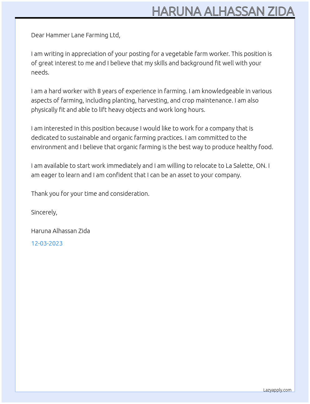 Vegetable farm worker At Job Bank #2660973 Cover Letter