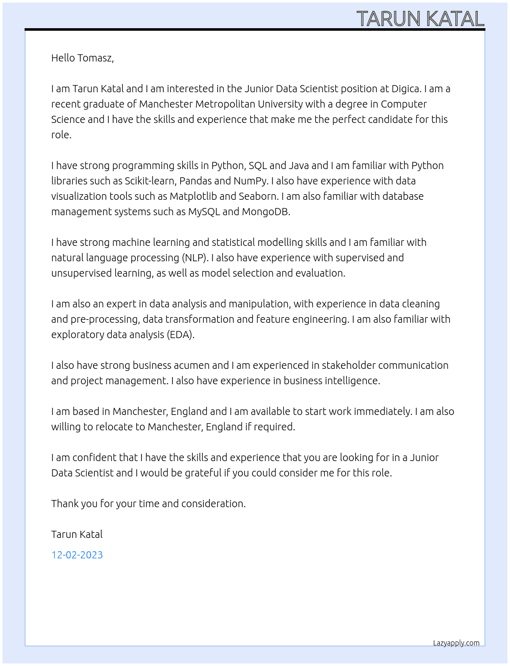 Junior Data Scientist At Digica Cover Letter