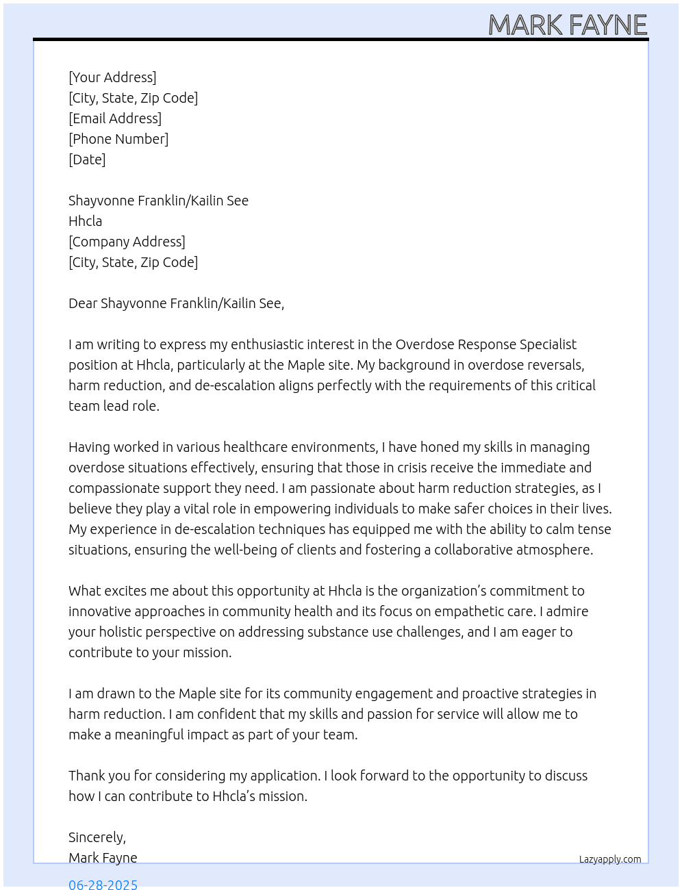Overdose response specialist  At Hhcla Cover Letter