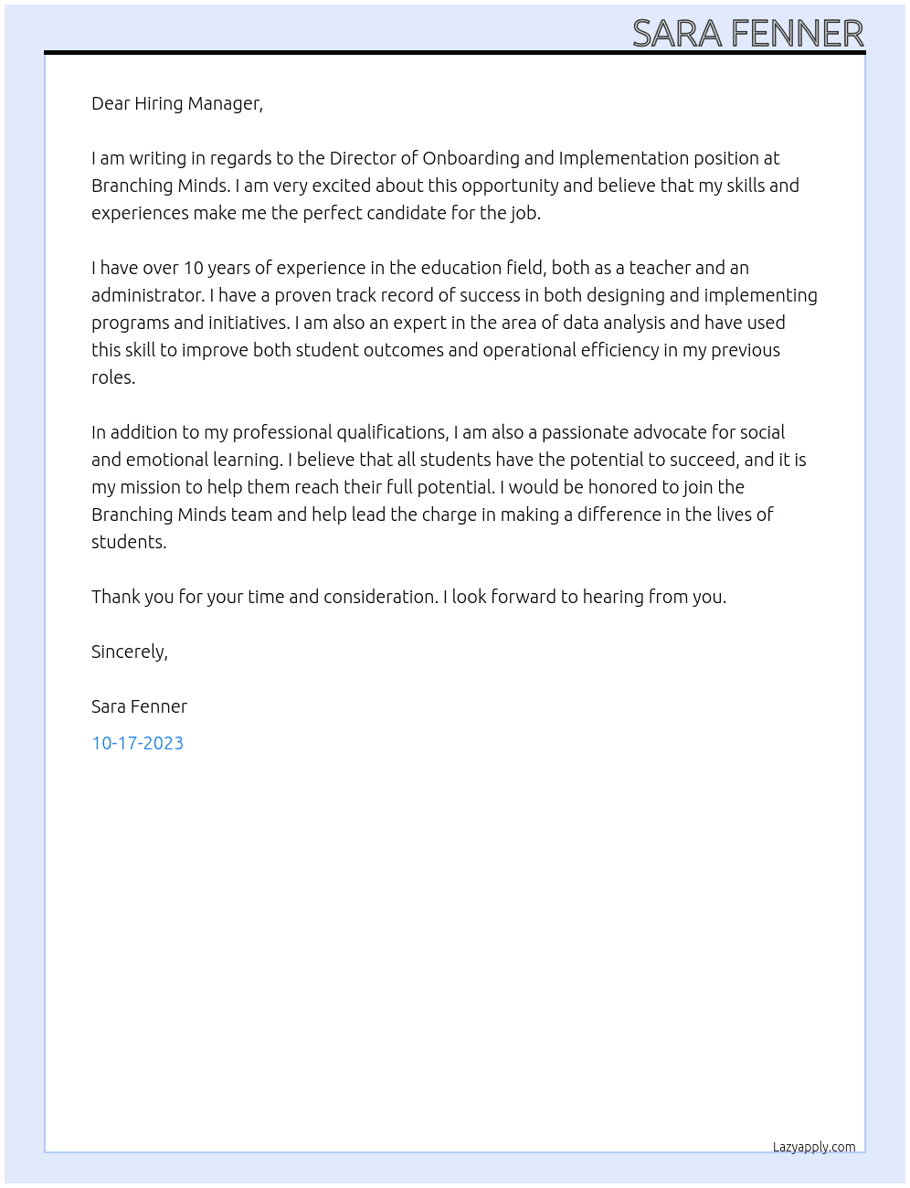 Director of Onboarding and Implementation At Branching Minds Cover Letter