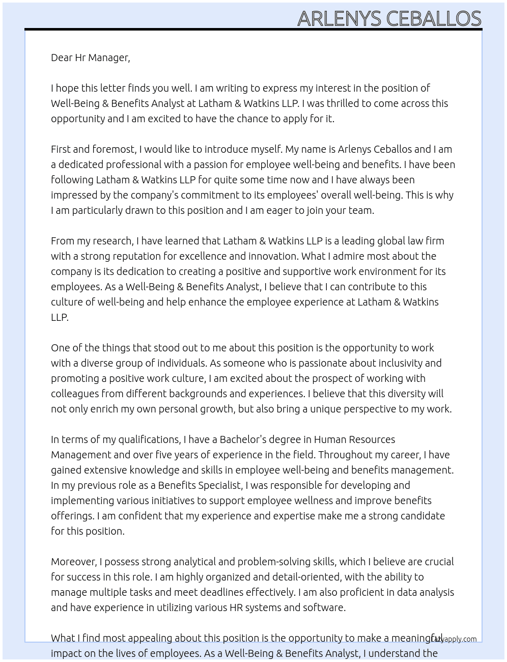 Well-Being & Benefits Analyst At Latham & Watkins LLP Cover Letter