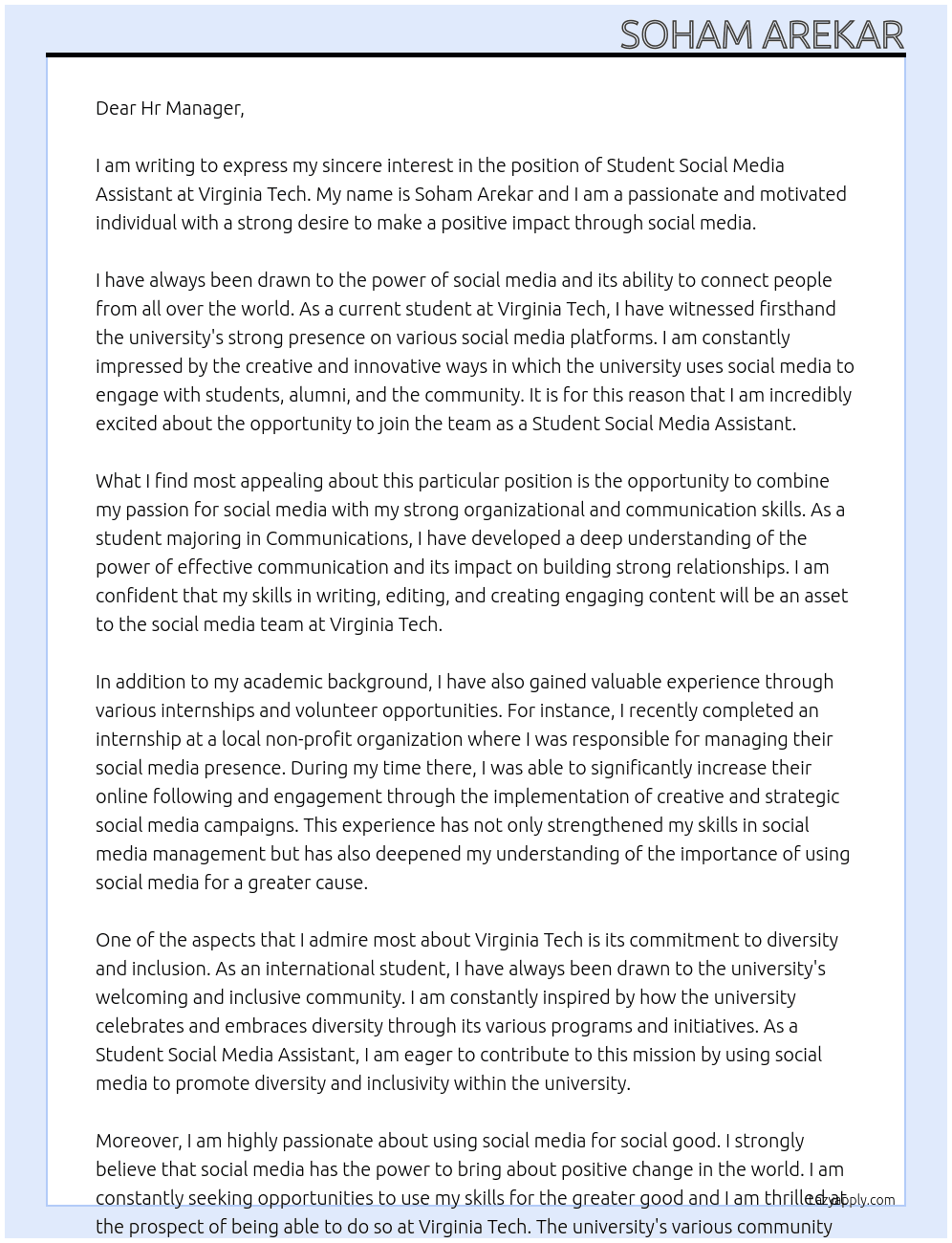Student Social Media Assistant At Virginia Tech Cover Letter