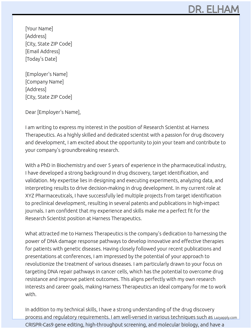 Research Scientist At Harness Therapeutics Cover Letter