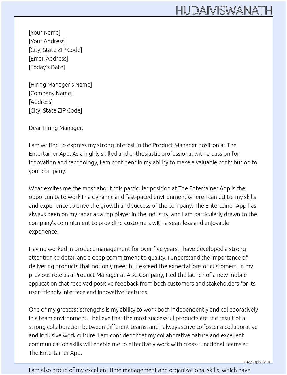 Product Manager At The Entertainer App Cover Letter