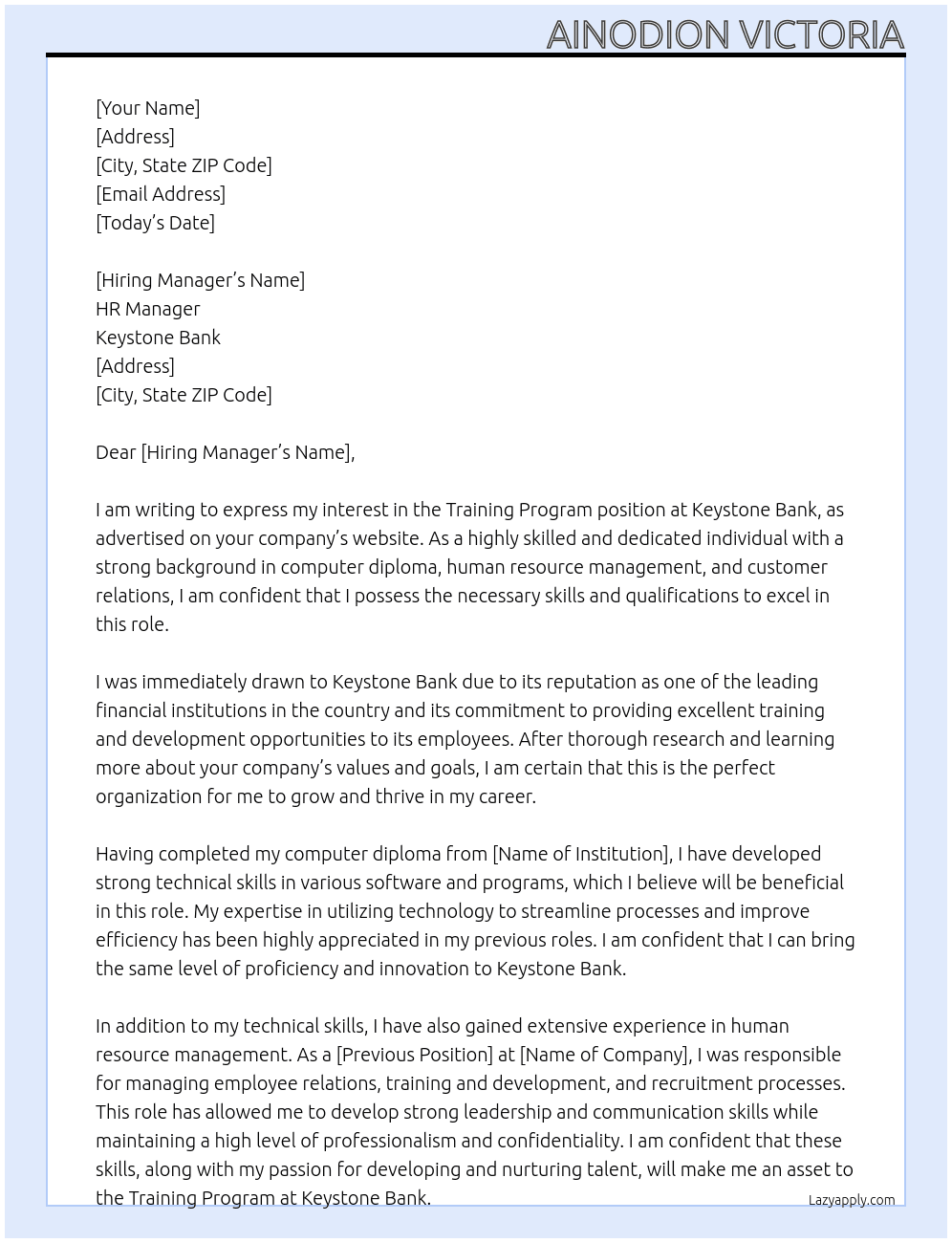 Training program At Keystone Bank  Cover Letter