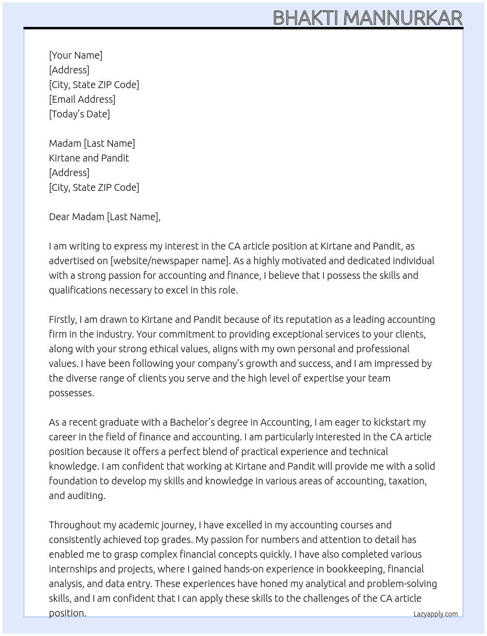 CA article At Kirtane and Pandit Cover Letter