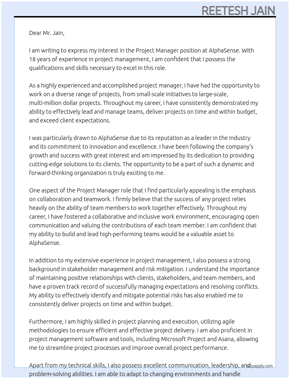 Project Manager with 18Yrs of experience At AlphaSense Cover Letter