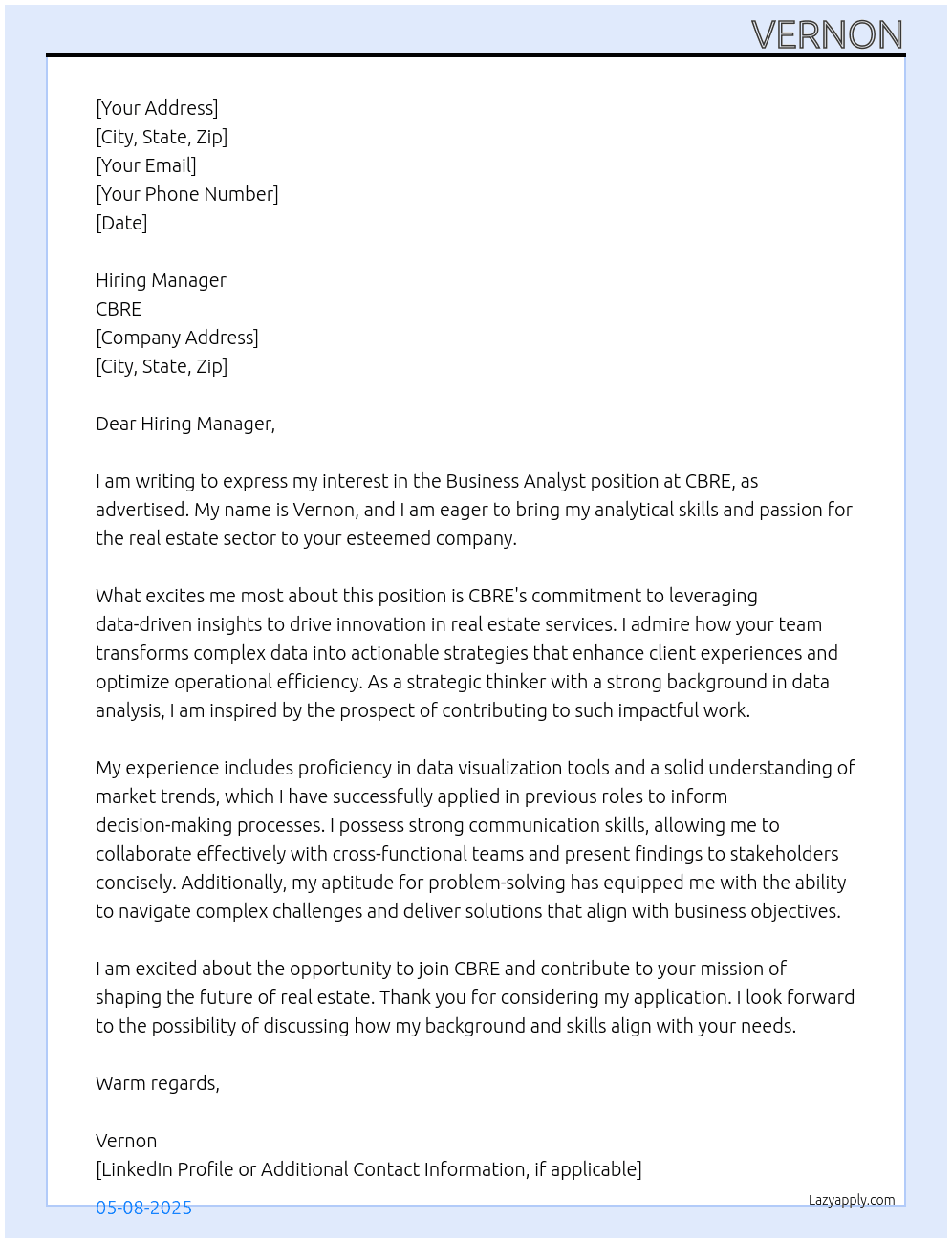 Business Analyst At CBRE Cover Letter