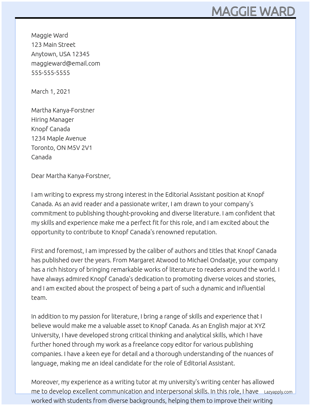 Editorial Assistant At Knopf Canada Cover Letter