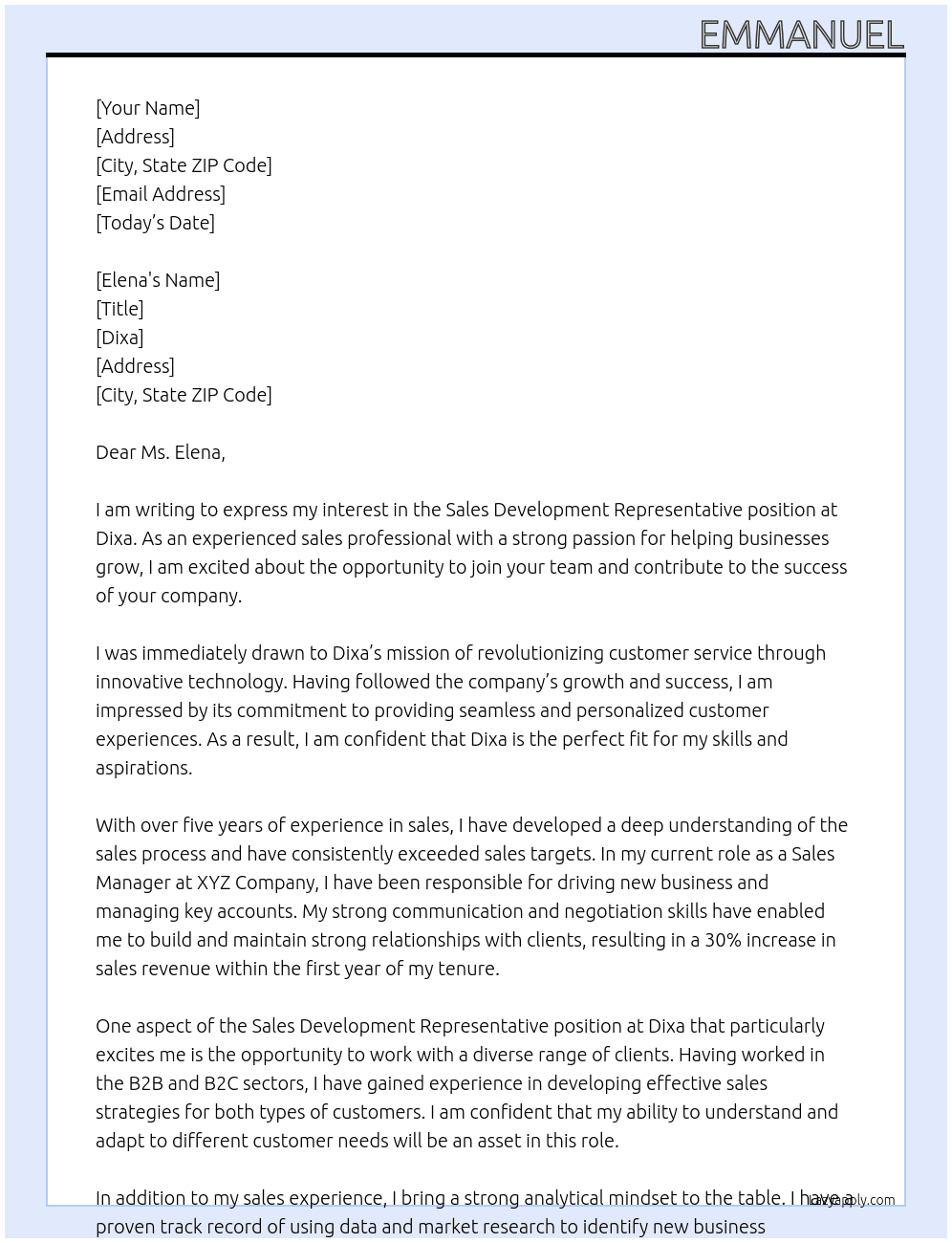 sales development representative At dixa Cover Letter