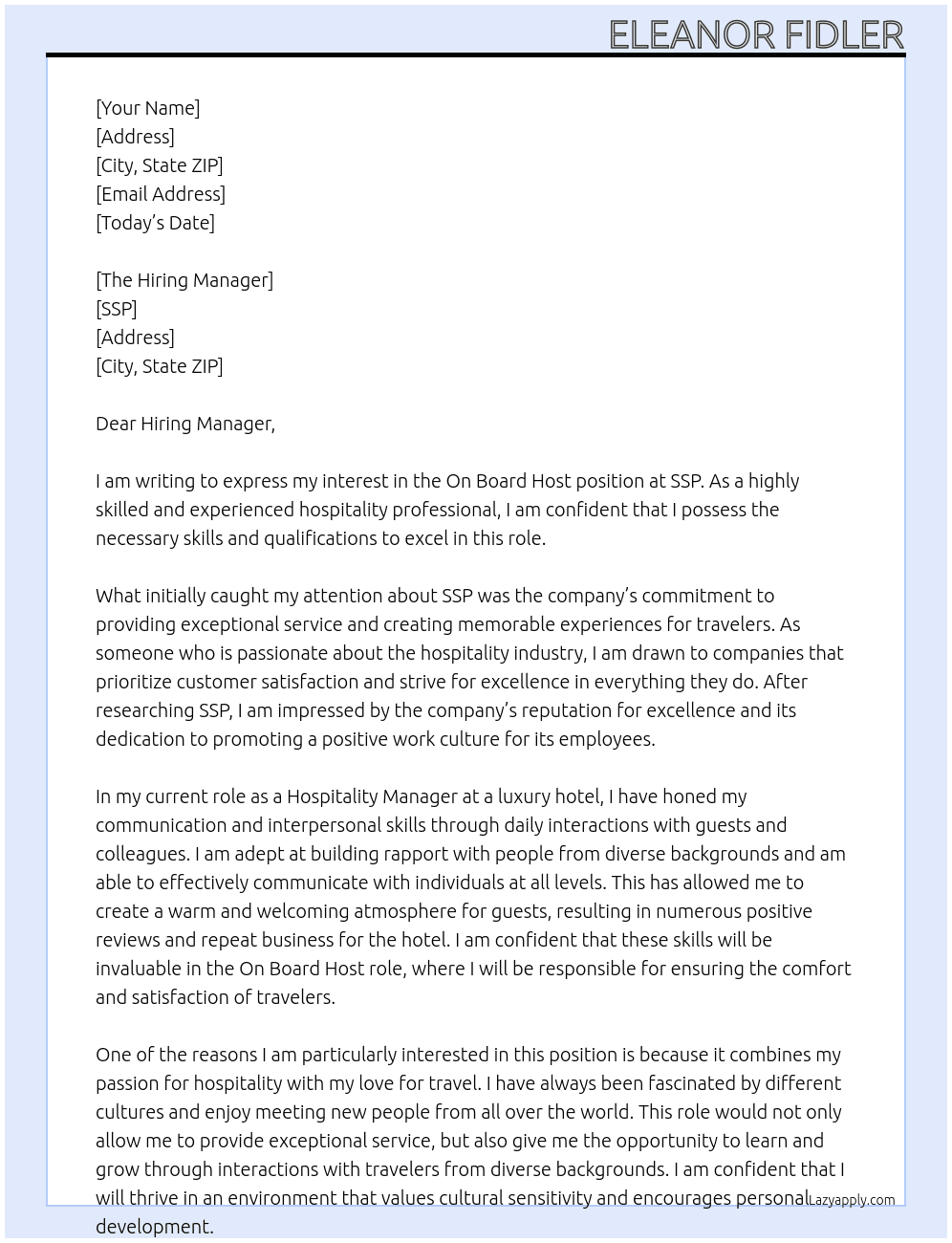 On Board Host At SSP Cover Letter