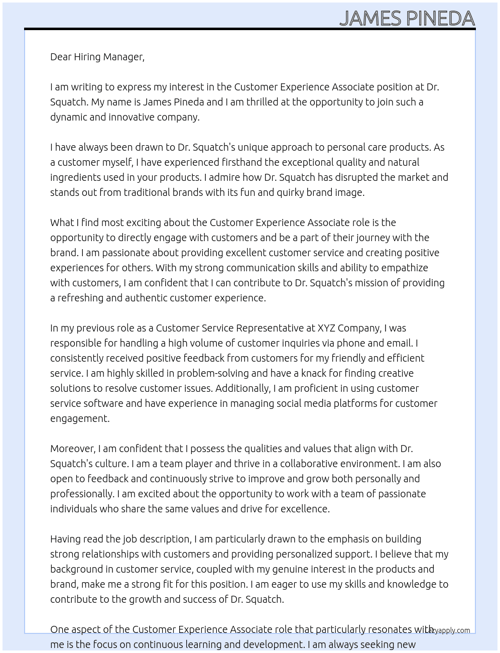 Customer Experience Associate At Dr. Squatch Cover Letter