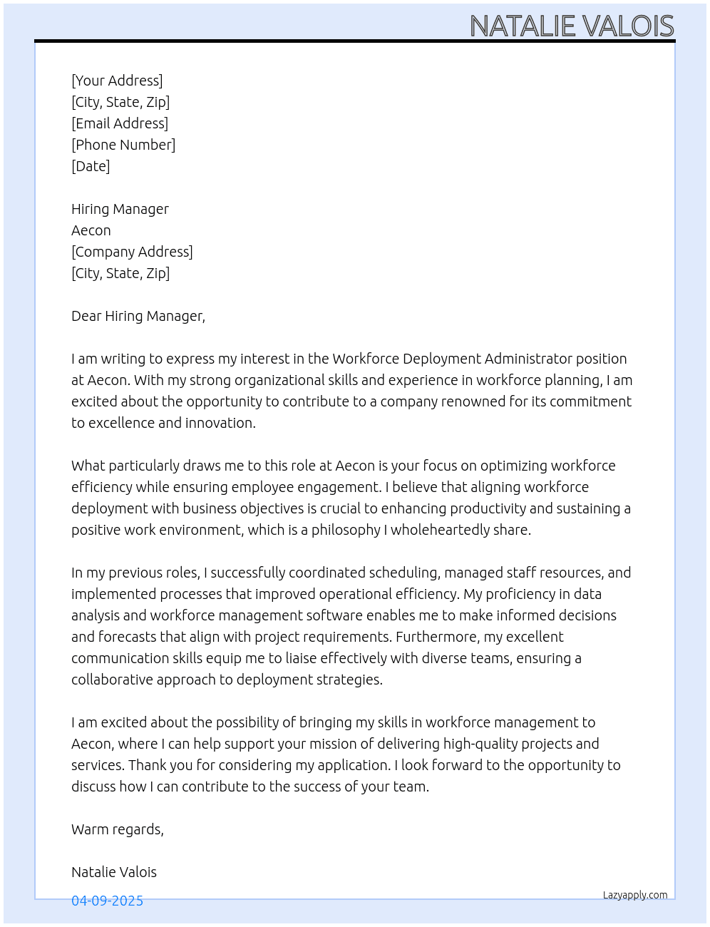 Workforce Deployment Administrator At Aecon Cover Letter